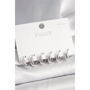 925 Ayar Gümüş Çivi Pirinç Gümüş Renk İşlemeli Halka Model Kadın Küpe Seti