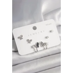 925 Ayar Gümüş Çivi Pirinç Gümüş Renk Zirkon Taşlı Kelebek Model Kadın Küpe Seti