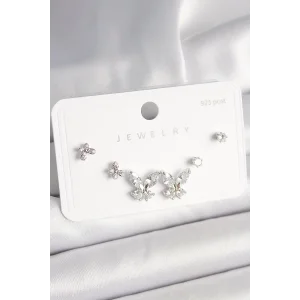 925 Ayar Gümüş Çivi Pirinç Zirkon Taşlı Kelebek Model Kadın Küpe Seti
