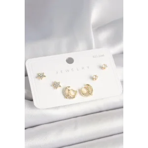 925 Ayar Gümüş Çivi Zirkon Taşlı Hilal Yıldız Model Kadın Küpe Seti