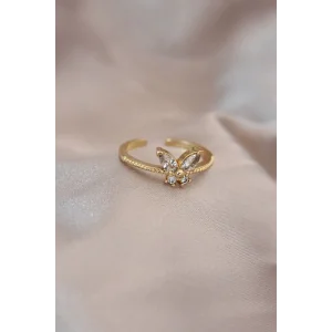 Ayarlamalı Altın Renk Metal Zirkon Taş ve Kristal Taşlı Kelebek Model Yüzük