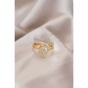 Ayarlamalı Gold Renk Metal Zirkon Taşlı Damla Model Yüzük