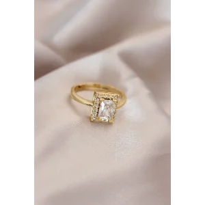 Ayarlamalı Gold Renk Metal Zirkon ve Kristal Taşlı Dikdörtgen Model Yüzük