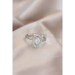 Ayarlamalı Silver Renk Metal Zirkon ve Kristal Taşlı Damla Model Yüzük