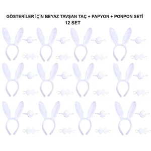 Beyaz Tavşan Kostüm Seti – Taç, Papyon, Kuyruk (12’li Paket)