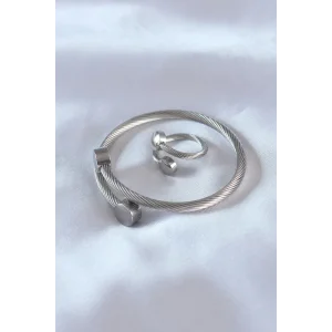 Çelik Gümüş Renk Sıkı Burgu Model Erkek Bileklik Yüzük Seti