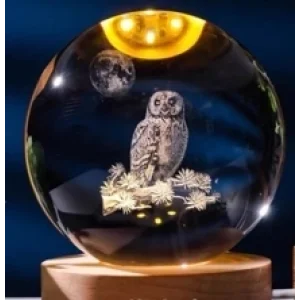 Dekoratif Baykuş Tasarımlı Ahşap Altlıklı Işıklı Cam Küre Büyük Boy 8cm
