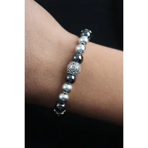 Doğal Taş Family Model Gümüş Ve Füme Renk Asansörlü Erkek Bileklik