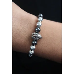 Doğal Taş Gladyatör Model Gümüş Ve Füme Renk Asansörlü Erkek Bileklik