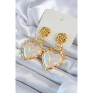 Gold Renk Gül Sallantı Kalp Model Pirinç VİP Kadın Küpe