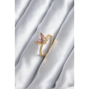Gold Renk Pembe Zirkon Taşlı Kelebek Model Kadın Yüzük