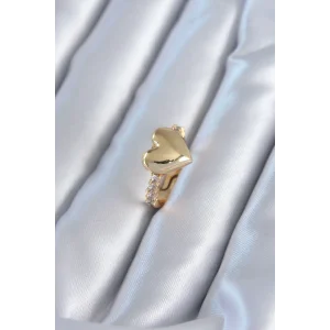Gold Renk Pirinç Zirkon Taşlı Kalp Model Kadın Yüzük