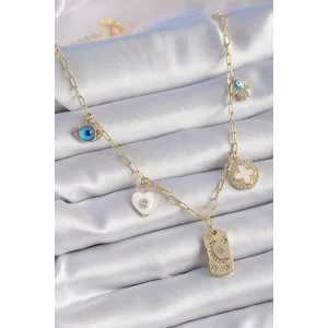 Gold Renk Zirkon Taşlı Çoklu Figür Model Şans Kolyesi