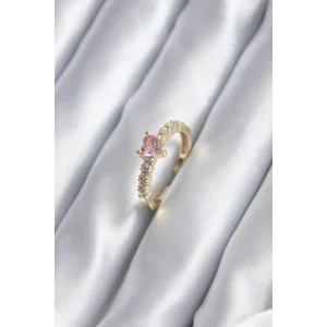 Gold Renk Zirkon Taşlı Pembe Kristal Kalp Model Kadın Yüzük