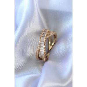 Gold Renk Zirkon Taşlı Pirinç Kadın Yüzük