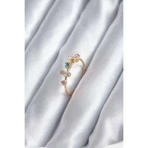 Gold Renk Zirkon Taşlı Renkli Zirkon Taşlı Kadın Yüzük