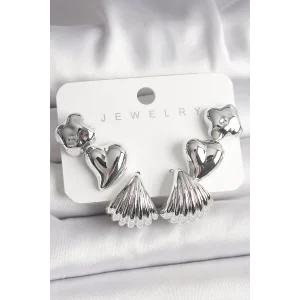 Gümüş Renk Yonca Kalp Deniz Kabuğu Figür CCB Kadın Küpe Seti