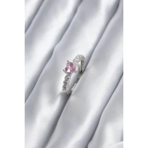 Gümüş Renk Zirkon Taşlı Pembe Kristal Kalp Model Kadın Yüzük