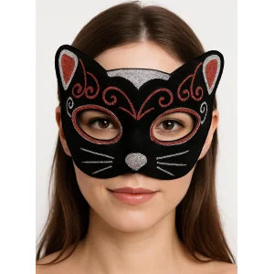 Kadife Dokulu Sim Detaylı Işıltılı Kedi Maskesi Kırmızı Gümüş 20x13 Cm