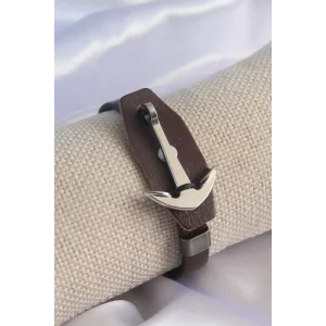 Kahverengi Deri Model Gümüş Renk Çapa Figür Erkek Bileklik