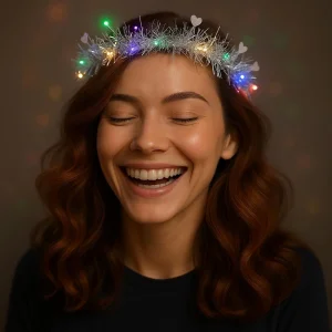 Kalp Püsküllü Gece Parıltısı 3 Modlu Led39li Işıklı Taç Gümüş Renk