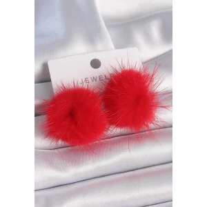 Kırmızı Tüylü Ponpon Model Kadın Küpe