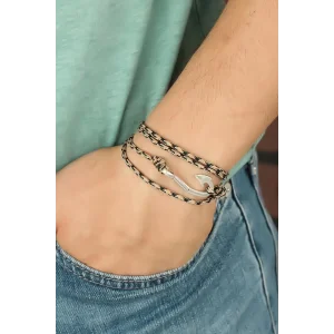 Krem Renk Çizgi Desenli Metal Kancalı Erkek Bileklik