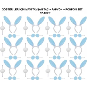 Mavi Tavşan Kostüm Seti – Taç, Papyon, Ponpon (12’li Paket)
