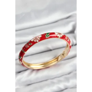 Mineli Pirinç Kırmızı Çiçek Motifli Gold Kadın Kelepçe
