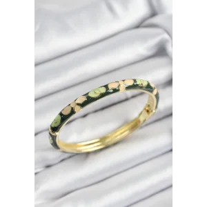 Mineli Pirinç Krem Ve Yeşil Çiçek Motifli Gold Renk Kadın Kelepçe