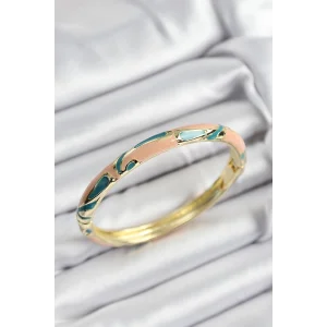 Mineli Pirinç Krem Ve Yeşil Mermer Motifli Gold Renk Kadın Kelepçe