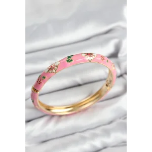Mineli Pirinç Pembe Çiçek Motifli Gold Kadın Kelepçe