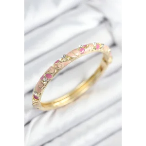 Mineli Pirinç Zirkon Taşlı Pembe Çiçek Motifli Gold Kadın Kelepçe