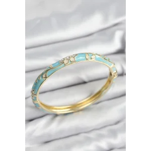 Mineli Pirinç Zirkon Taşlı Turkuaz Çiçek Motifli Gold Kadın Kelepçe