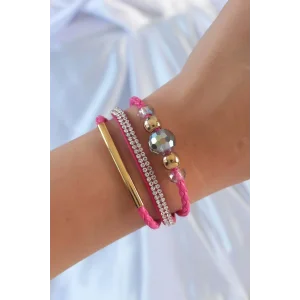 Pembe Renk Zirkon Taşlı Deri Çoklu Bileklik
