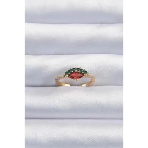 Pirinç Altın Renk Renkli Zirkon Taşlı Ayarlanabilir Karpuz Model Yüzük