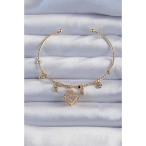 Pirinç Altın Renk Zirkon Taşlı Yonca Model Charm Bileklik