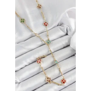 Pirinç Asorti Kalpli Yonca Model Gold Renk Zirkon Taşlı Y Kolye