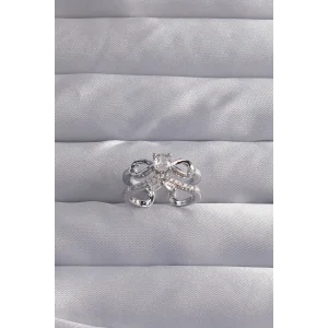 Pirinç Ayarlamalı Gümüş Renk Zirkon Taşlı 2li Görünüm Fiyonk Yüzük