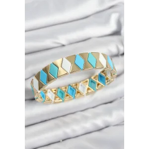 Pirinç Baklava Desenli Mavi Beyaz Gold Renk Lastikli Kadın Bileklik