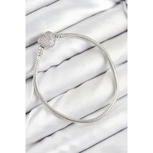 Pirinç Charm Zirkon Taşlı Kalp Model Gümüş Renk Kadın Bileklik