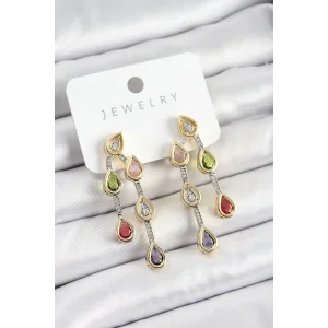 Pirinç Çoklu Damla Model Karşık Zirkon Taşlı Gold Ve Gümüş Renk Kadın Küpe