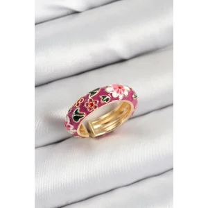 Pirinç Fuşya Mineli Çiçek Motifli Gold Renk Ayarlanabilir Kadın Yüzük