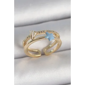 Pirinç Gold Renk 2Li Zirkon Taşlı Mavi Yıldız Figür Ayarlanabilir Kadın Yüzük