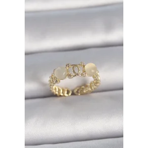 Pirinç Gold Renk Ayarlanabilir Zirkon Taşlı Beyaz Mineli Birleşik Halka Model Kadın Yüzük