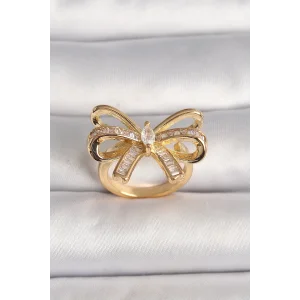 Pirinç Gold Renk Ayarlanabilir Zirkon Taşlı Kurdele Model Kadın Yüzük