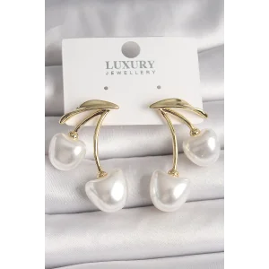 Pirinç Gold Renk Beyaz İnci Kiraz Model Kadın Küpe