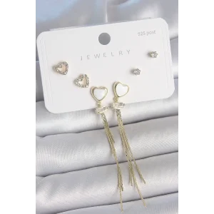 Pirinç Gold Renk Beyaz Mineli Sallantı Mineli Kalp Model Zirkon Taş Detaylı 925 Ayar Gümüş Çivi Kadın Küpe Seti