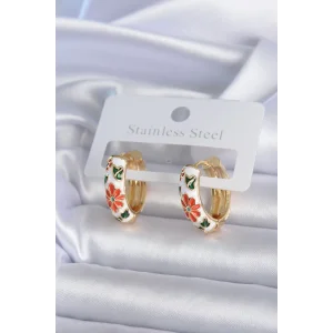 Pirinç Gold Renk Beyaz Renk Çiçek İşleme Detay Kadın Küpe