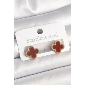 Pirinç Gold Renk Bordo Yonca Model Kadın Küpe